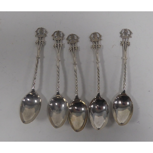 509 - SET OF 5 GEORGE I SILVER TEASPOONS THE ELABROATE HANDLES spirally twist and cut card pierced and eng... 