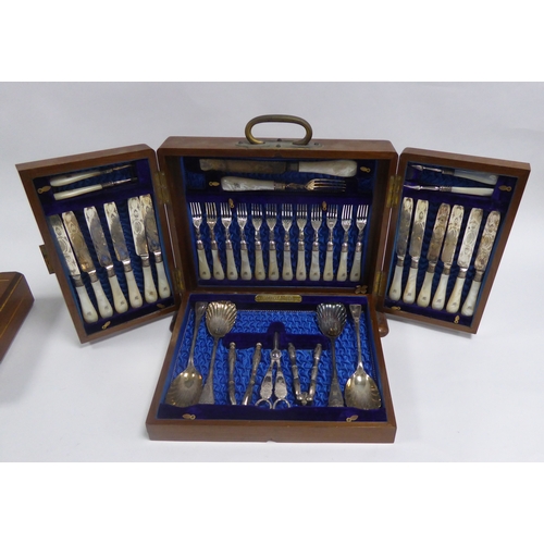 550 - INTERESTING THIRTY SEVEN PIECE WALNUT CASED CANTEEN OF DESSERT CUTLERY FOR TWELVE PERSONS WITH MOTHE... 