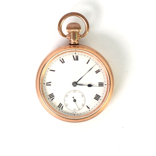 109 - SWISS ROLLED GOLD OPEN FACED POCKET WATCH with keyless movement, white roman dial with subsidiary se... 