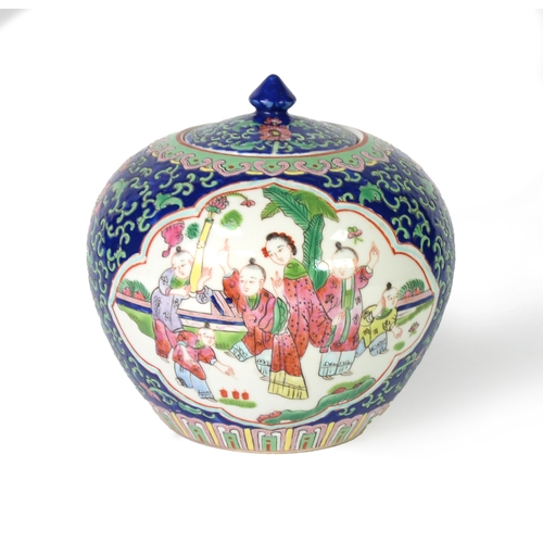 46 - CHINESE LATE QING/REPUBLIC PERIOD PORCELAIN ORBICULAR COVERED JAR, decorated in polychrome enamels w... 