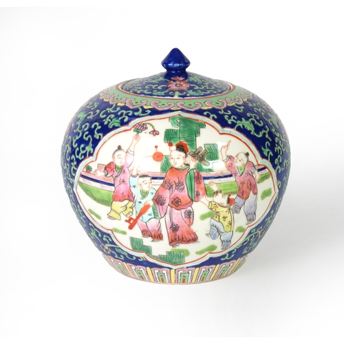 46 - CHINESE LATE QING/REPUBLIC PERIOD PORCELAIN ORBICULAR COVERED JAR, decorated in polychrome enamels w... 