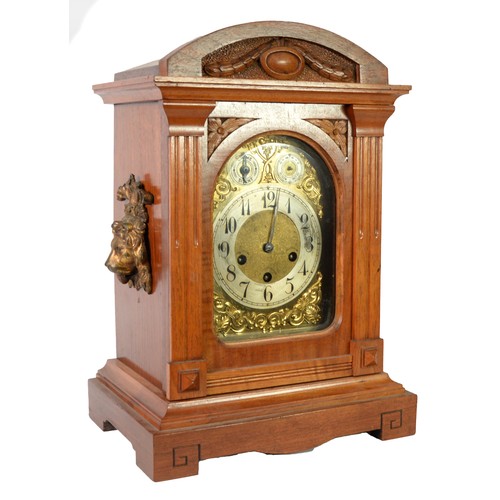 88 - LATE VICTORIAN WALNUT BRACKET CLOCK with three train movement, drumming on rods 17 1/2