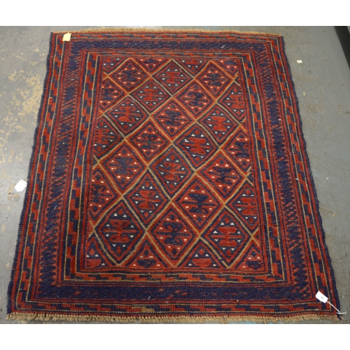 62 - MIDDLE EASTERN WOOL RUG, GEOMETRIC PATTERNS IN BLUE AND RED, 51” x 44” (130cm x 112cm)