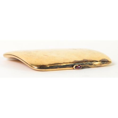 123 - GOLD COLOURED METAL LADY'S POCKET CIGARETTE CASE, curved oblong and cushion shaped, with cabochon ov... 