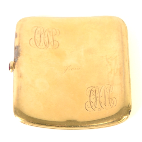 123 - GOLD COLOURED METAL LADY'S POCKET CIGARETTE CASE, curved oblong and cushion shaped, with cabochon ov... 