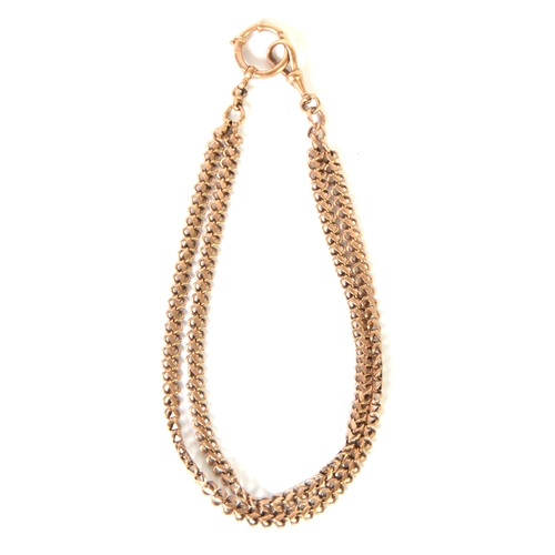 138 - 14ct GOLD TWO-STRAND WATCH CHAIN with fancy links, terminating in a swivel clip and a large ring cli... 