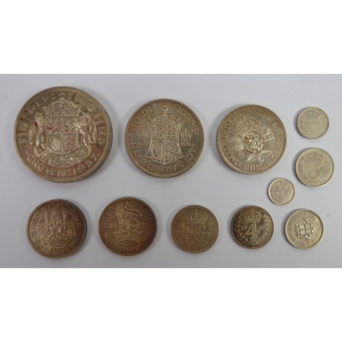 37 - GEORGE VI 1937 COIN SET, with 11 silver coins with Maundy money, includes English and Scottish shill... 