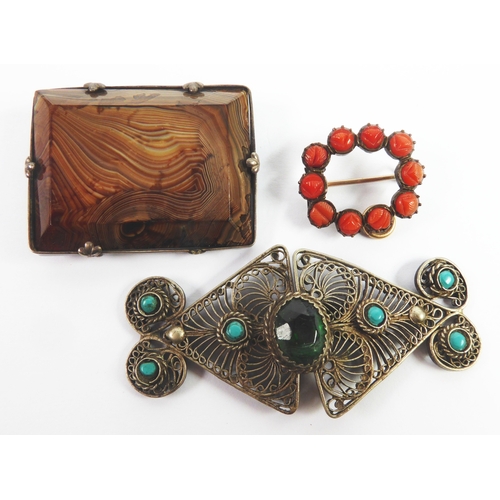 64 - VICTORIAN FRAMED OLBONG BROWN AGATE BROOCH, (lacks pin); Victorian CIRCLET BROOCH set with carved re... 