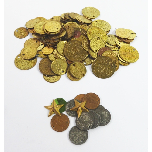 70 - APPROXIMATELY 120 GOLD PLATED METAL PERSIAN COINS, all drilled to form jewellery and THREE METAL REP... 