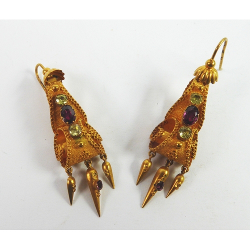 93 - PAIR OF VICTORIAN GOLD PLATED SCROLL PATTERN DROP EARRINGS, each set with an amethyst and two white ... 