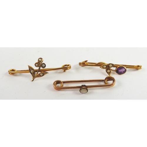 98 - EDWARDIAN 9ct GOLD SAFETY PIN BROOCH, overlaid with a floral spray set with seed pearls; a similar 9... 