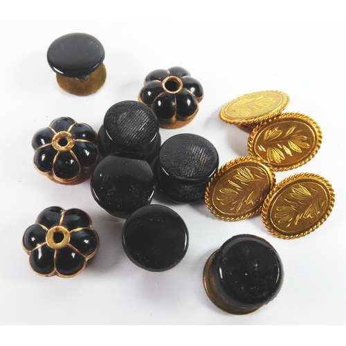 111 - SET OF THREE VICTORIAN FLORAL ENGRAVED 9ct GOLD DRESS STUDS, the floral tops having jet petals; a se... 