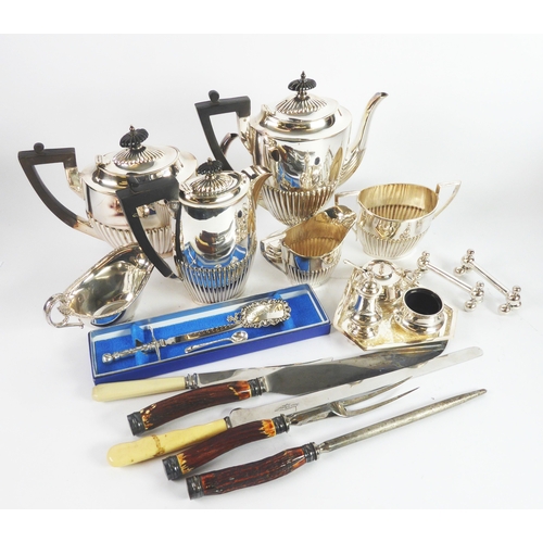 299 - MIXED LOT OF ELECTROPLATE, to include: FOUR PIECE PART FLUTED TEA AND COFFEE SET BY WALKER & HAL... 