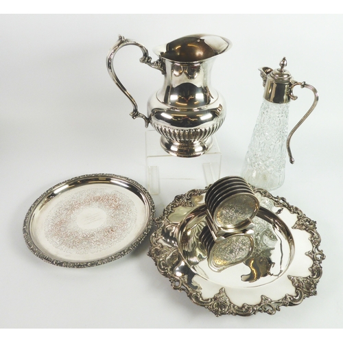 302 - SMALL MIXED LOT OF ELECTROPLATE, comprising: PART FLUTED PEDESTEL SERVING JUG, MOULDED GLASS CLARET ... 