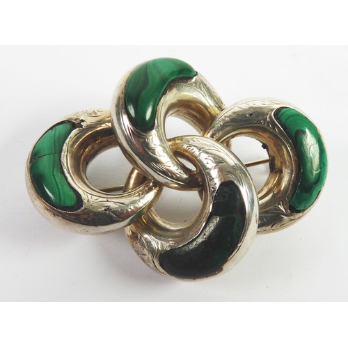 87 - VICTORIAN ENGRAVED SILVER COLOURED METAL (UNMARKED) AND MALACHITE INGOT BROOCH, of quatrefoil C scro... 