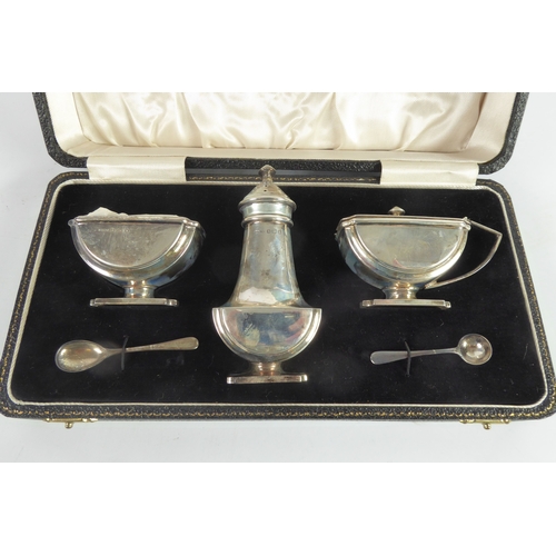 238 - CASED ART DECO SILVER THREE PIECE SILVER PEDESTAL CONDIMENT SET BY ERNEST W HAYWOOD, of semi- circul... 