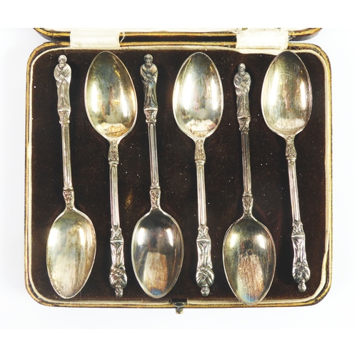 259 - EDWARD VII SET OF SIX ASPOSTLE TOP TEASPOONS, Birmingham 1903, marks rubbed, 2.32ozt, in a matched c... 