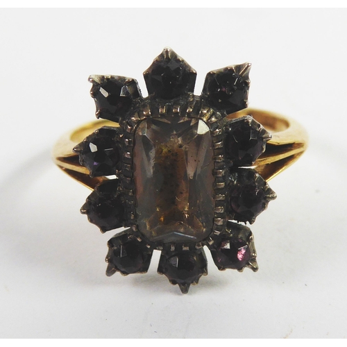 113 - 19th CENTURY 18ct GOLD CLUSTER RING, collet set with an emerald cut foil-backed pale green stone and... 