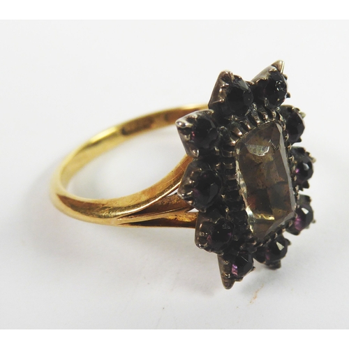 113 - 19th CENTURY 18ct GOLD CLUSTER RING, collet set with an emerald cut foil-backed pale green stone and... 