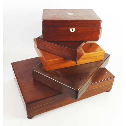 307 - FOUR EMPTY WOODEN CUTLERY BOXES, with lined and/or fitted interiors, three in oak and the other in w... 