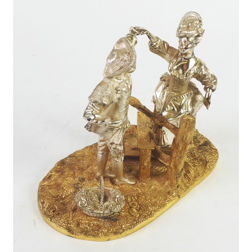 218 - MAPPIN & WEBB PARCEL GILT SILVER FIGURAL GROUP depicting a gallant helping a crinolined lady cli... 