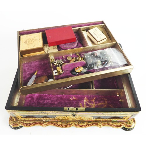 55 - VICTORIAN BLACK LACQUERED AND ELABORATELY GILT DECORATED JEWELLERY CASKET with engraved mother of pe... 