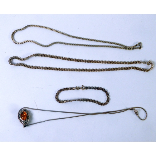 164 - SILVER SNAKE CHAIN NECKLACE and SILVER PENDANT set with cabochon golden amber; SILVER S LINK CHAIN N... 