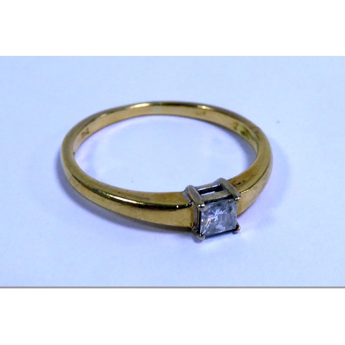 176 - 18ct GOLD RING, with a princess cut solitaire diamond, in a four claw setting, ring size M/N, 2.6gms