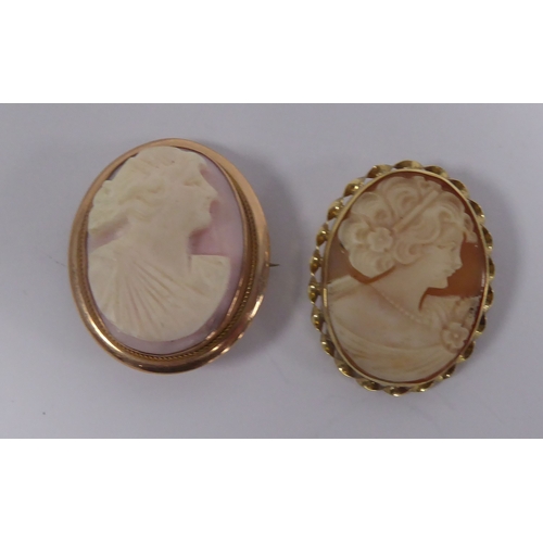 183 - TWO CARVED OVAL SHELL CAMEO BROOCHES, each depicting a bust portrait of a lady, in 9ct gold frames, ... 