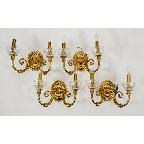 197 - EDWARDIAN STYLE FIVE BRANCH BRASS ELECTROLIER WITH MOULDED GLASS SHADES and scroll arms, 28” (71cm) ... 