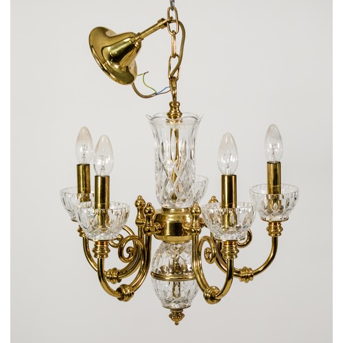 197 - EDWARDIAN STYLE FIVE BRANCH BRASS ELECTROLIER WITH MOULDED GLASS SHADES and scroll arms, 28” (71cm) ... 