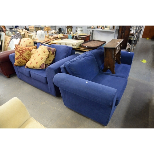 198 - ROLL-ARM SOFA BED, IN BLUE FABRIC PLUS MATCHING TWO SEAT SOFA (2) 