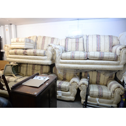 199 - LARGE JOHN LEWIS LOUNGE SUITE, IN BANDED IVORY BROCADE, COMPRISING; THREE TWO-SEATER SOFAS AND TWO A... 