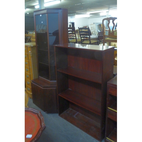 230 - A MID-CENTURY MAHOGANY CORNER DISPLAY CABINET, AND A MID CENTURY OPEN BOOKCASE (2)