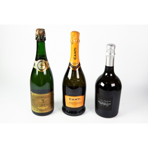 119 - BOTTLE OF A. CARPENTER BRUT CHAMPAGNE, foil missing and cork exposed, together with TWO BOTTLES OF P... 