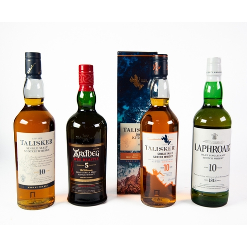 139 - FOUR BOTTLES OF SCOTTISH ISLAND SINGLE MALT WHISKY, comprising: ARDBERG, 5 YEARS OLD, Islay, LAPHROA... 