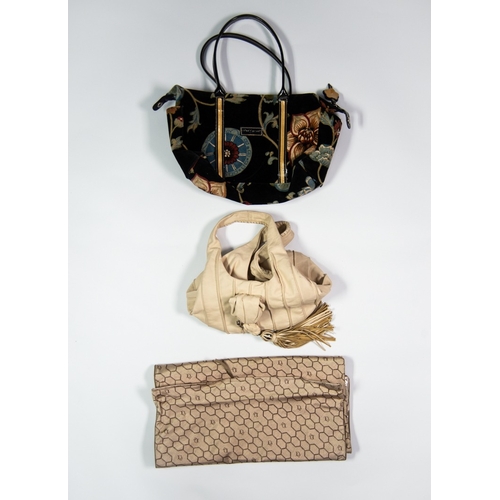 489 - LANCEL, PARIS, LADY'S CREAM LEATHER HANDBAG; Longchamp 1948 black and floral PRINTED VELVET HANDBAG ... 