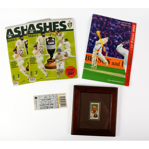 256 - FRAMED SYDNEY CIGARETTE CARD OF DON BRADMAN, 2 MGG Test Edition Melbourne and Sydney 2007 ticket stu... 