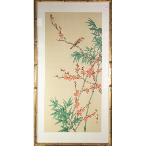 279 - PAIR OF POST WAR ORIENTAL WATERCOLOURS ON SILK, one with a bird perched on a blossoming branch, the ... 