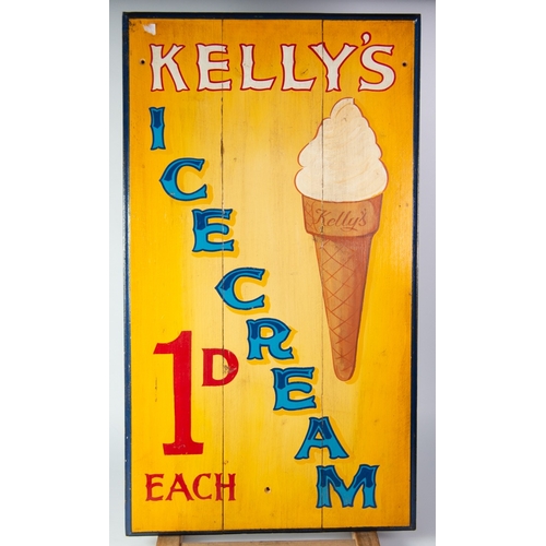 283 - VINTAGE PAINTED WOODEN 'KELLY'S ICE CREAM 1D EACH' DISPLAY SIGN, 31 ½