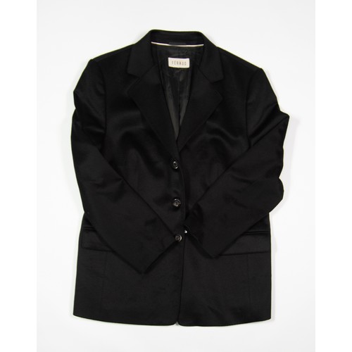 506 - JEAN-LOUIS SCHERRER, PARIS, LADY'S 96% WOOL BLACK LONG OVERCOAT, trimed overall in black leather; La... 