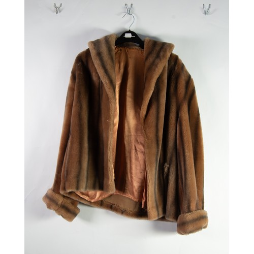 551 - LIGHT BROWN FAUX FUR 3/4 LENGTH COAT; ANOTHER faux jacket