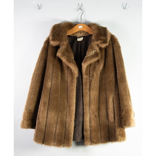 551 - LIGHT BROWN FAUX FUR 3/4 LENGTH COAT; ANOTHER faux jacket