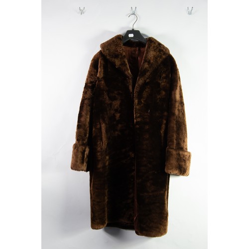 550 - BEAVER LAMB BROWN FULL-LENGTH COAT, with shawl collar, hook fastening , single-breasted front, deep ... 