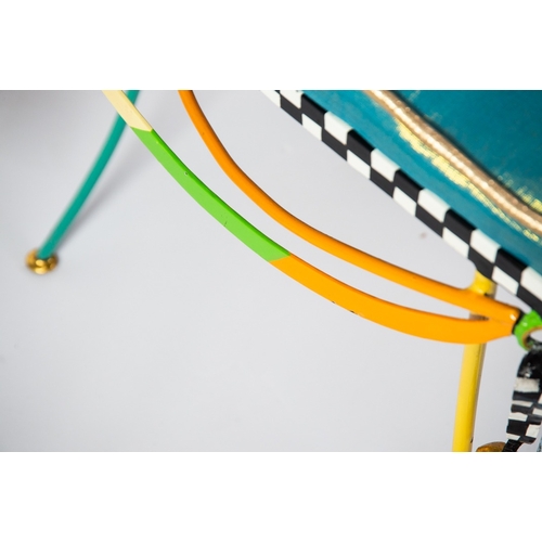 40 - TOM’S DRAG ART FOR AMARU DESIGN ‘ANGEL WINGS’ BRIGHTLY PAINTED METAL CHAIR, with oval button upholst... 