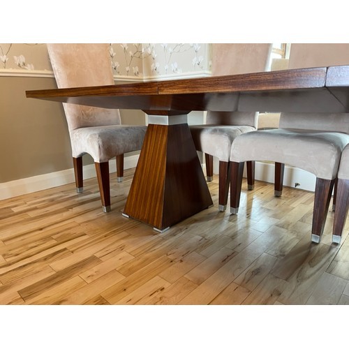 41 - STYLISH MODERN TOLA WOOD EXTENDING DINING TABLE WITH ADDITIONAL LEAF AND SET OF EIGHT HIGH BACK SING... 