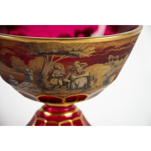 212 - MODERN MURANO RUBY GLASS AND GILT BOWL, of footed form with thumb nail cut border to the base, decor... 