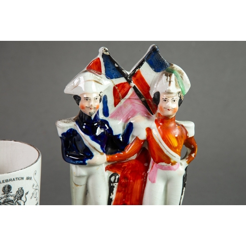 122 - NINETEENTH CENTURY STAFFORDSHIRE CRIMEAN WAR ALLIANCE FLAT BACK POTTERY GROUP, painted in colours, o... 