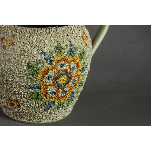 123 - VICTORIAN GRAVELWARE PEARLWARE POTTERY JUG, decorated in colours with stylised flowerheads beneath a... 