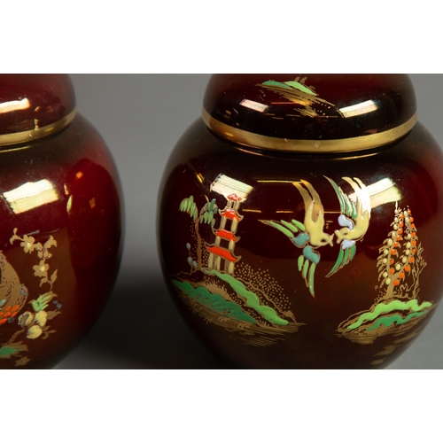 20 - TWO CARLTON WARE ROUGE ROYAL SMALL POTTERY GINGER JARS AND COVERS, one of the MIKADO pattern, the ot... 